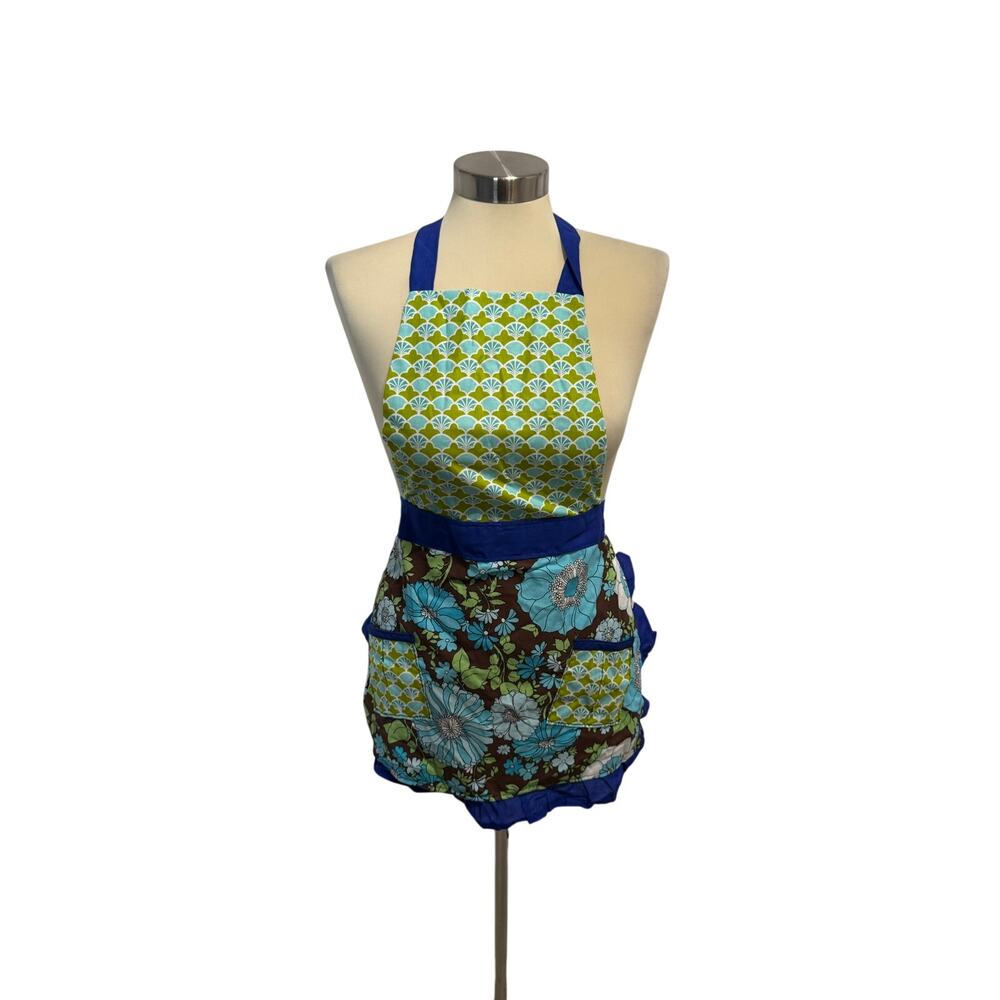 Homemade Half Apron Green Blue Floral | Handmade Cottagecore | Retro 70s Kitchen